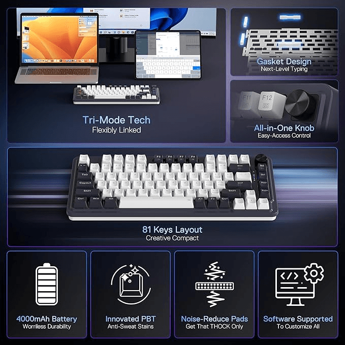 Redragon Redragon UCAL K673 PRO Wireless 75% Mechanical Gaming Keyboard, 81 Keys Hot-swappable, 3 Compact Mode, Hot-Swap Socket, Linear Red Switch, 3000mAh Battery, White & Black | K673WB-RGB-PRO - product view 2 of 7