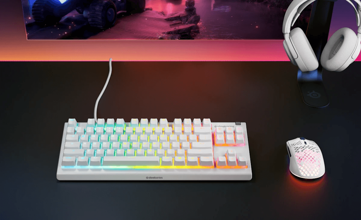 Steel Series SteelSeries Apex 3 TKL White Gaming Wired Keyboard, Water Resistant, Whisper-Quiet Switches, 8-Zone RGB, & Compact Tenkeyless Design, US Layout | 64819 - product view 3 of 4
