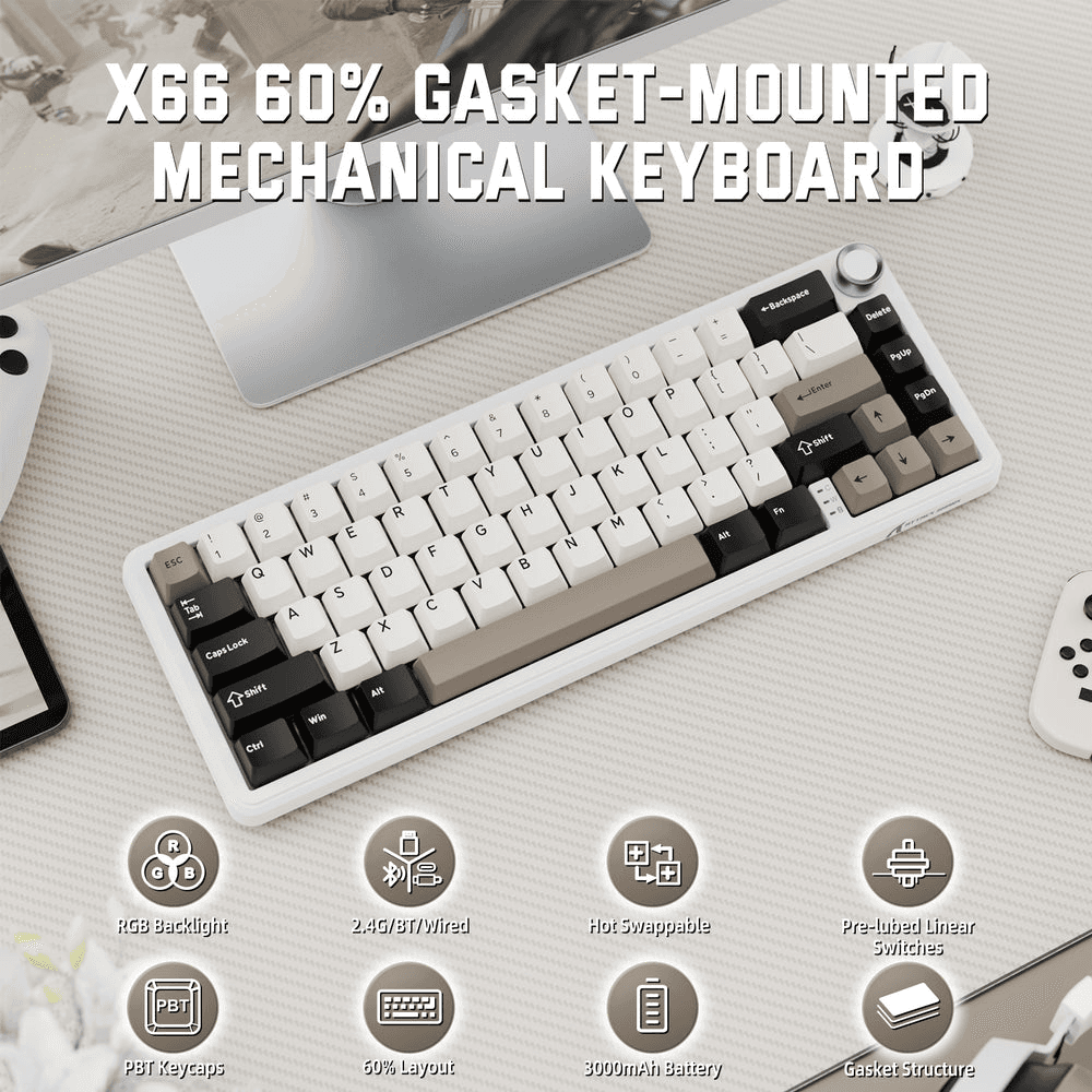 ATTACK SHARK ATTACK SHARK X66 Wireless Gasket Mechanical Keyboard, 60% Layout, Side-Printed PBT Keycaps, Pre-Lubed Strawberry Switches, & 5-Layer Sound Dampening, White Cheese | X66 - product view 2 of 7