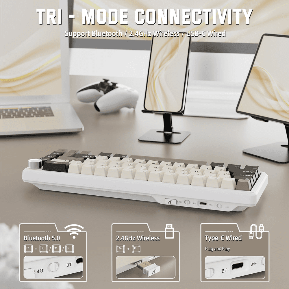 ATTACK SHARK ATTACK SHARK X66 Wireless Gasket Mechanical Keyboard, 60% Layout, Side-Printed PBT Keycaps, Pre-Lubed Strawberry Switches, & 5-Layer Sound Dampening, White Cheese | X66 - product view 3 of 7