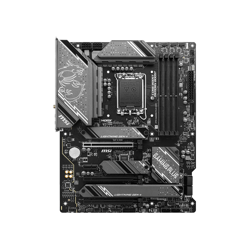MSI MSI Z790 GAMING PLUS WIFI ATX Intel Motherboard, LGA 1700, Support Intel Core 14th/ 13th/ 12th Gen, DDR5 Memory, up to 7200+(OC) MHz, PCIe 5.0 slot, Lightning Gen 4 x4 M.2 with M.2 Shield Frozr, USB 3.2 Gen 2x2 20G, Wi-Fi 6E, 2.5Gbps LAN | 911-7E06-061 - product view 3 of 5