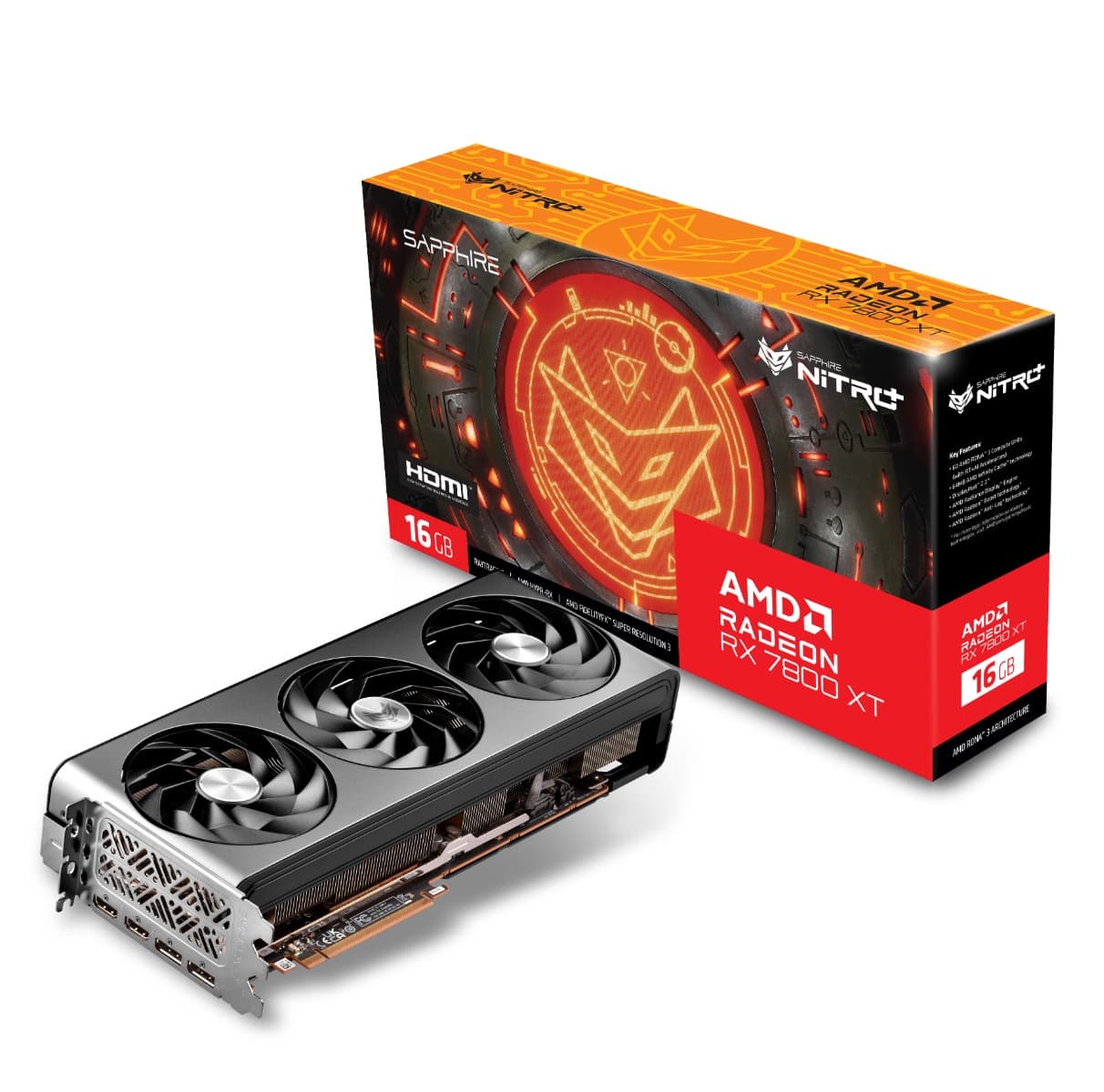 Sapphire SAPPHIRE NITRO+ AMD Radeon RX 7800 XT OC Gaming Graphics Card, 16GB DDR6 256 bit Memory, Vulkan Optimized, 2565 Boost Clock, 19.5 Gbps Memory Speed, AMD RDNA 3, PCIE 4.0, 2x HDMI 2x DisplayPort | 11330-01-20G - product view 1 of 7