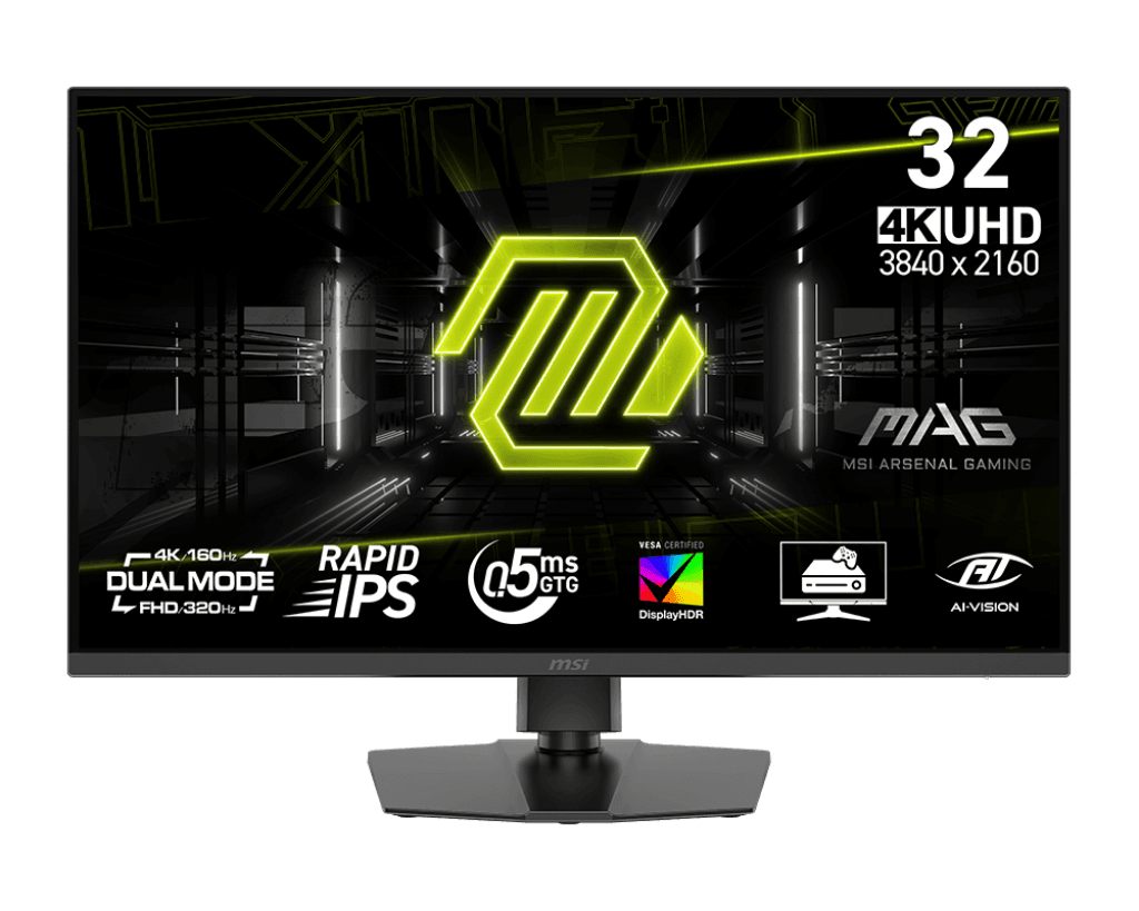 MSI MAG 322URDF E16 Gaming Monitors, 32" 3840 x 2160 Rapid IPS, Dual Mode 4K UHD 160Hz, FHD 320Hz, 0.5ms (GtG) Response Time, DisplayHDR 400, Adaptive-Sync, Black | 9S6-3DD89T-001