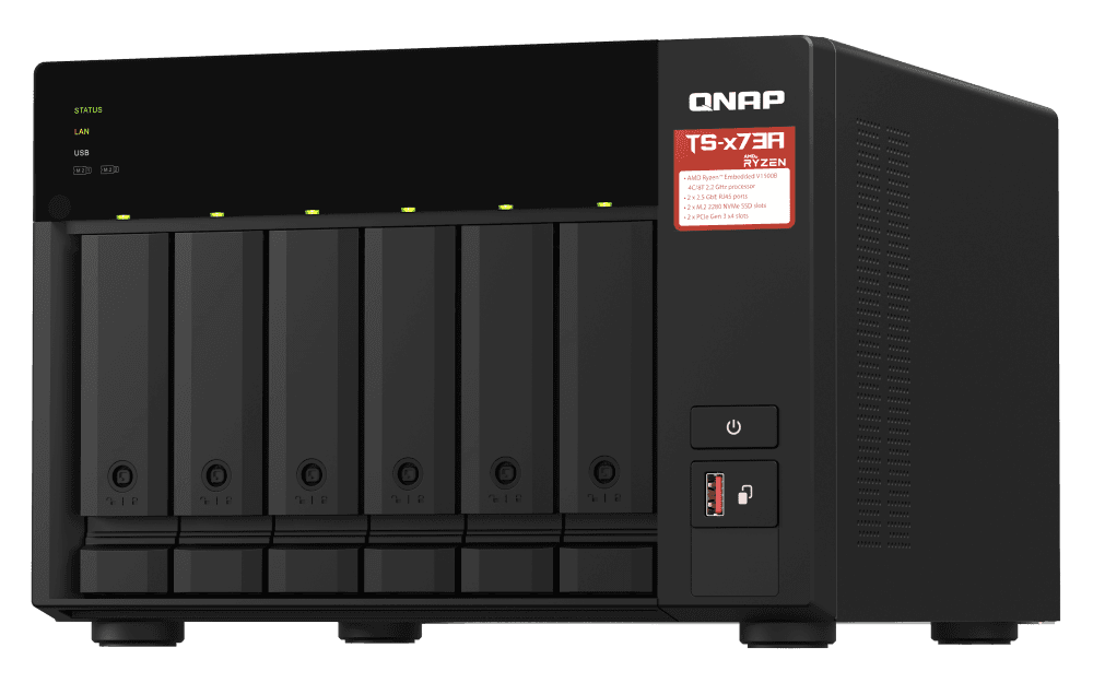 Qnap 6-Bay NAS, AMD Ryzen Embedded V1000 4 CPU, 8 GB DDR4 Memory, 6 x 3.5-inch SATA 6Gb/s, 3Gb/s, 2 PCIe Slot, USB 3.2 Gen 2 (10Gbps) Port, 250W PSU | TS-673A-8G - product view 1 of 4