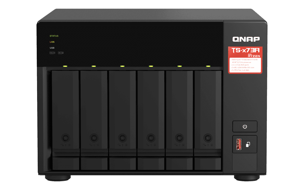 Qnap 6-Bay NAS, AMD Ryzen Embedded V1000 4 CPU, 8 GB DDR4 Memory, 6 x 3.5-inch SATA 6Gb/s, 3Gb/s, 2 PCIe Slot, USB 3.2 Gen 2 (10Gbps) Port, 250W PSU | TS-673A-8G - product view 3 of 4