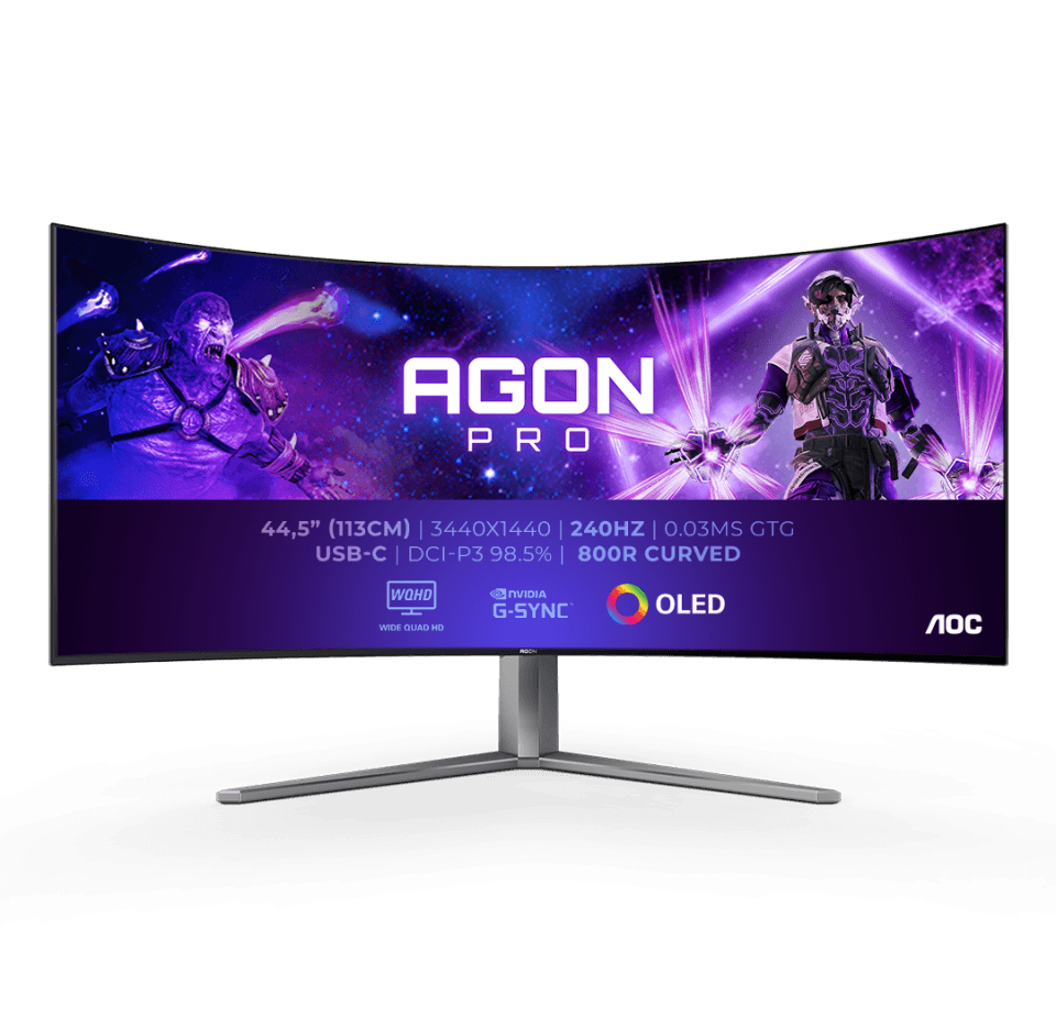 AOC AGON PRO AG456UCZD OLED 44.5" Inch Monitor, 3440x1440 WQHD 2K, 240 Hz, 0.03 ms, HDR 10, 800R, FreeSync Premium G-Sync Compatible, USB-C 3.2 x 1 (DP alt mode, upstream, power delivery up to 90 W) | AG456UCZD/89 – Buy Online