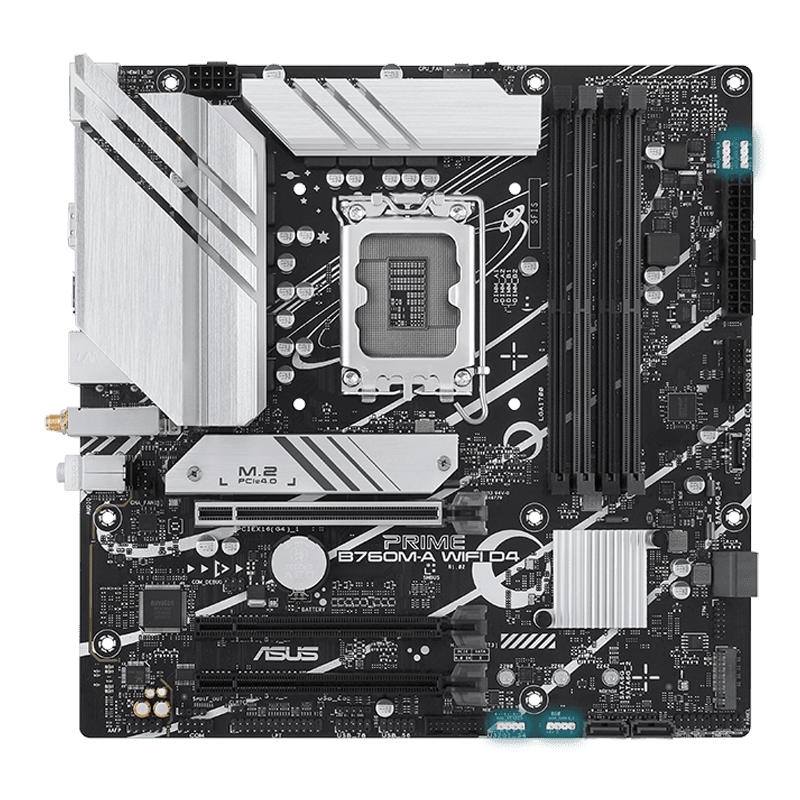 Asus ASUS PRIME B760M-A WIFI D4 Motherboard, Intel B760 (LGA 1700) mATX motherboard, PCIe 4.0, 4 x DIMM, 2x M.2 slots, Realtek 2.5Gb Ethernet, Wi-Fi 6, DisplayPort, Dual HDMI, SATA 6 Gbps, USB 3.2 Gen 2, Type-C, Aura Sync | 90MB1CX0-M0EAY0 - product view 2 of 2
