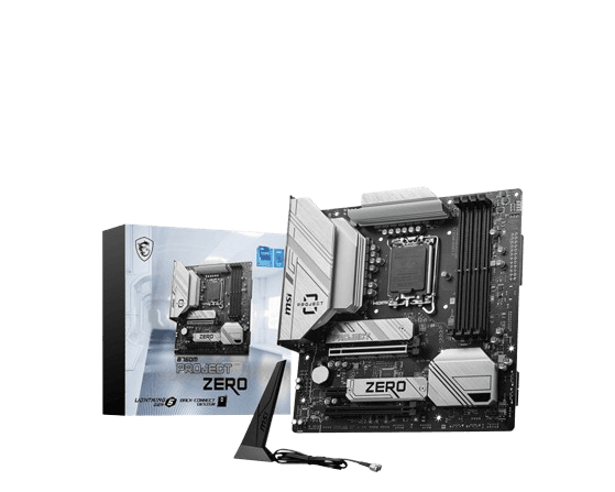 MSI MSI B760M MSI PROJECT ZERO LGA 1700 mATX Motherboard, Intel B760 Chipset, 4x DDR5 Slots / 192GB Max, Wi-Fi 6E / BT 5.3, 2x PCI-E x16, 2x M.2, USB 3.2 Type-C, 1x HDMI / 1x DP | 911-7E14-001 - product view 2 of 5