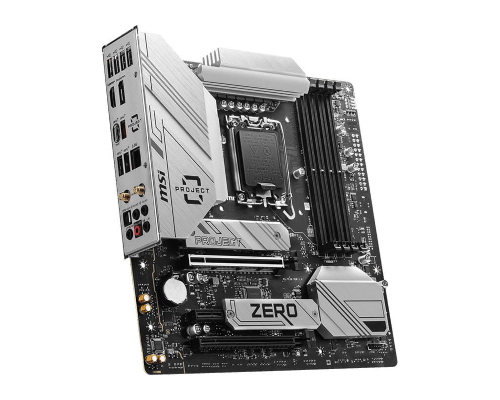 MSI MSI B760M MSI PROJECT ZERO LGA 1700 mATX Motherboard, Intel B760 Chipset, 4x DDR5 Slots / 192GB Max, Wi-Fi 6E / BT 5.3, 2x PCI-E x16, 2x M.2, USB 3.2 Type-C, 1x HDMI / 1x DP | 911-7E14-001 - product view 3 of 5