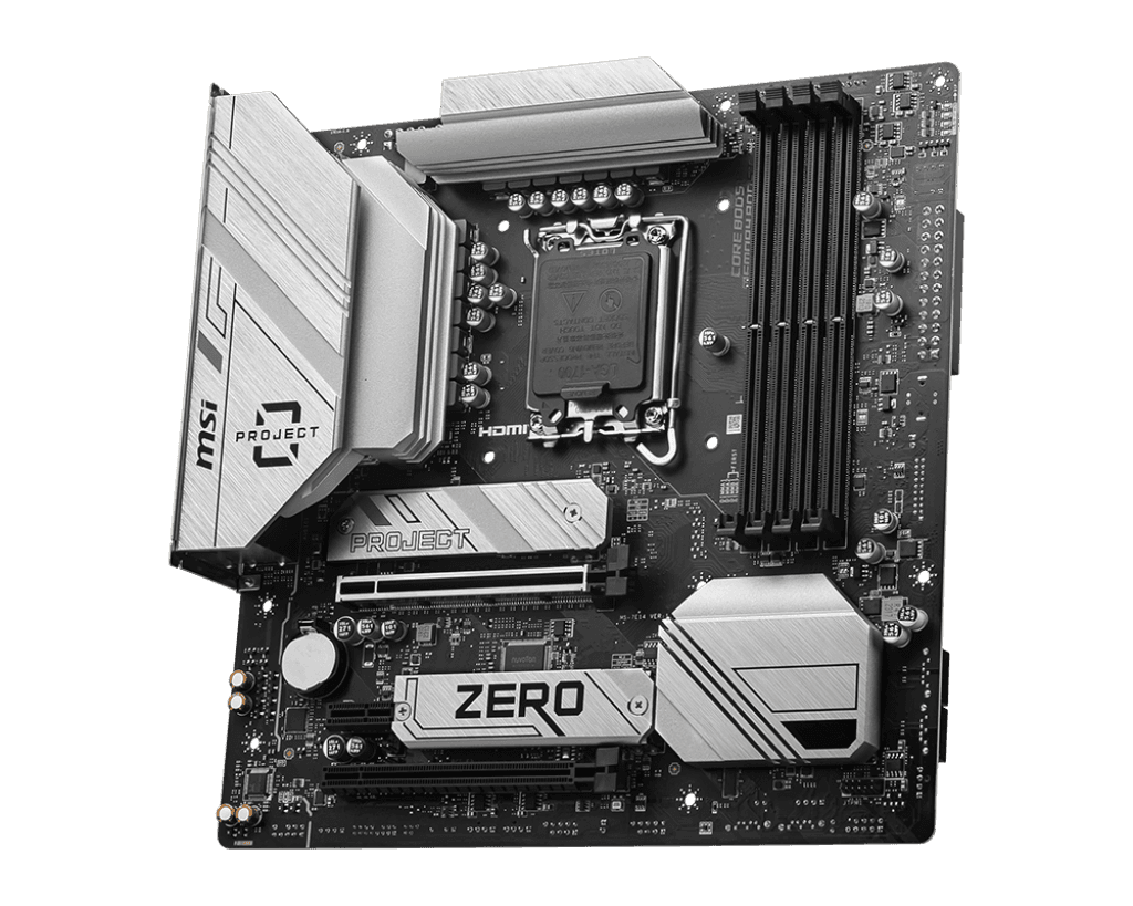 MSI MSI B760M MSI PROJECT ZERO LGA 1700 mATX Motherboard, Intel B760 Chipset, 4x DDR5 Slots / 192GB Max, Wi-Fi 6E / BT 5.3, 2x PCI-E x16, 2x M.2, USB 3.2 Type-C, 1x HDMI / 1x DP | 911-7E14-001 - product view 1 of 5