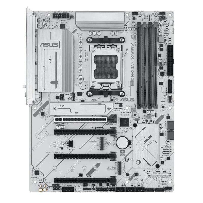 Asus ASUS B850 MAX GAMING WIFI W ATX Motherboard,  4 x DIMM slots, max. 256GB, DDR5 up to 8000+MT/s, 3 x M.2 slots and 4 x SATA 6Gb/s ports, WiFi 6E, PCIe 5.0 slots, Pre-mounted I/O shield, 2.5Gb Ethernet, White | 90MB1M10-M0EAY0 - product view 2 of 6