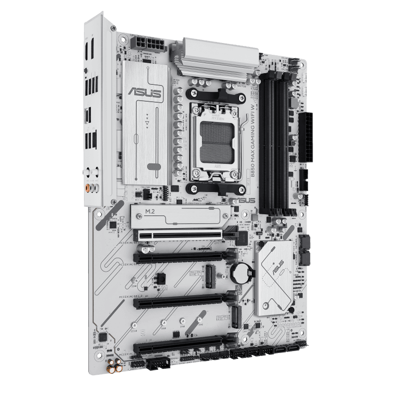 Asus ASUS B850 MAX GAMING WIFI W ATX Motherboard,  4 x DIMM slots, max. 256GB, DDR5 up to 8000+MT/s, 3 x M.2 slots and 4 x SATA 6Gb/s ports, WiFi 6E, PCIe 5.0 slots, Pre-mounted I/O shield, 2.5Gb Ethernet, White | 90MB1M10-M0EAY0 - product view 3 of 6