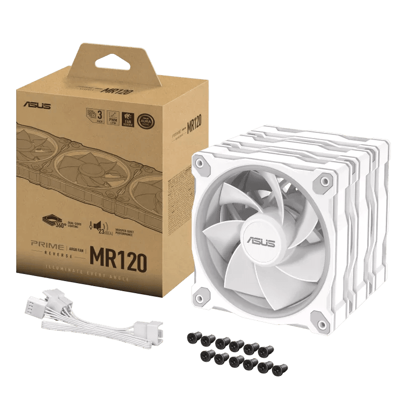 Asus ASUS Prime MR120 ARGB Reverse 120mm White Case Fan - Triple Pack, 1600 rpm (+/-10%) Speed, 58 CFM Airflow, 1.38 mm H2O Pressure, 23 dB(A) Noise Level | 90DA00L3-B09020 - product view 3 of 7