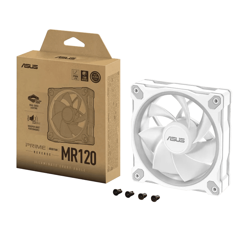 Asus ASUS Prime MR120 ARGB Reverse 120mm White Case Fan - Single Pack, 1600 rpm (+/-10%) Speed, 58 CFM Airflow, 1.38 mm H2O Pressure, 23 dB(A) Noise Level | 90DA00L3-B09000 - product view 3 of 8