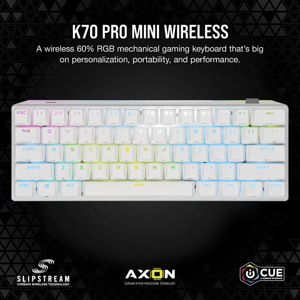 Corsair Corsair K70 PRO MINI WIRELESS 60% Mechanical CHERRY MX Red Switch Keyboard, with RGB Backlighting, Hot Swappable Keyswitches, Multi-platform Connectivity, Compact size, White | CH-9189110-NA - product view 1 of 3
