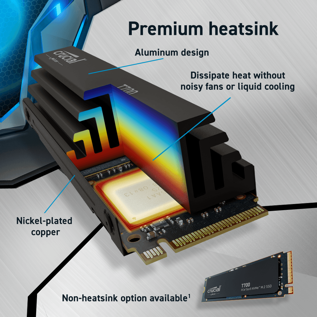 Crucial Crucial T700 2TB PCIe Gen5 NVMe M.2 SSD, Sequential Read 12,400 MB/s,  Sequential Write 11,800 MB/s | CT2000T700SSD3 - product view 2 of 3