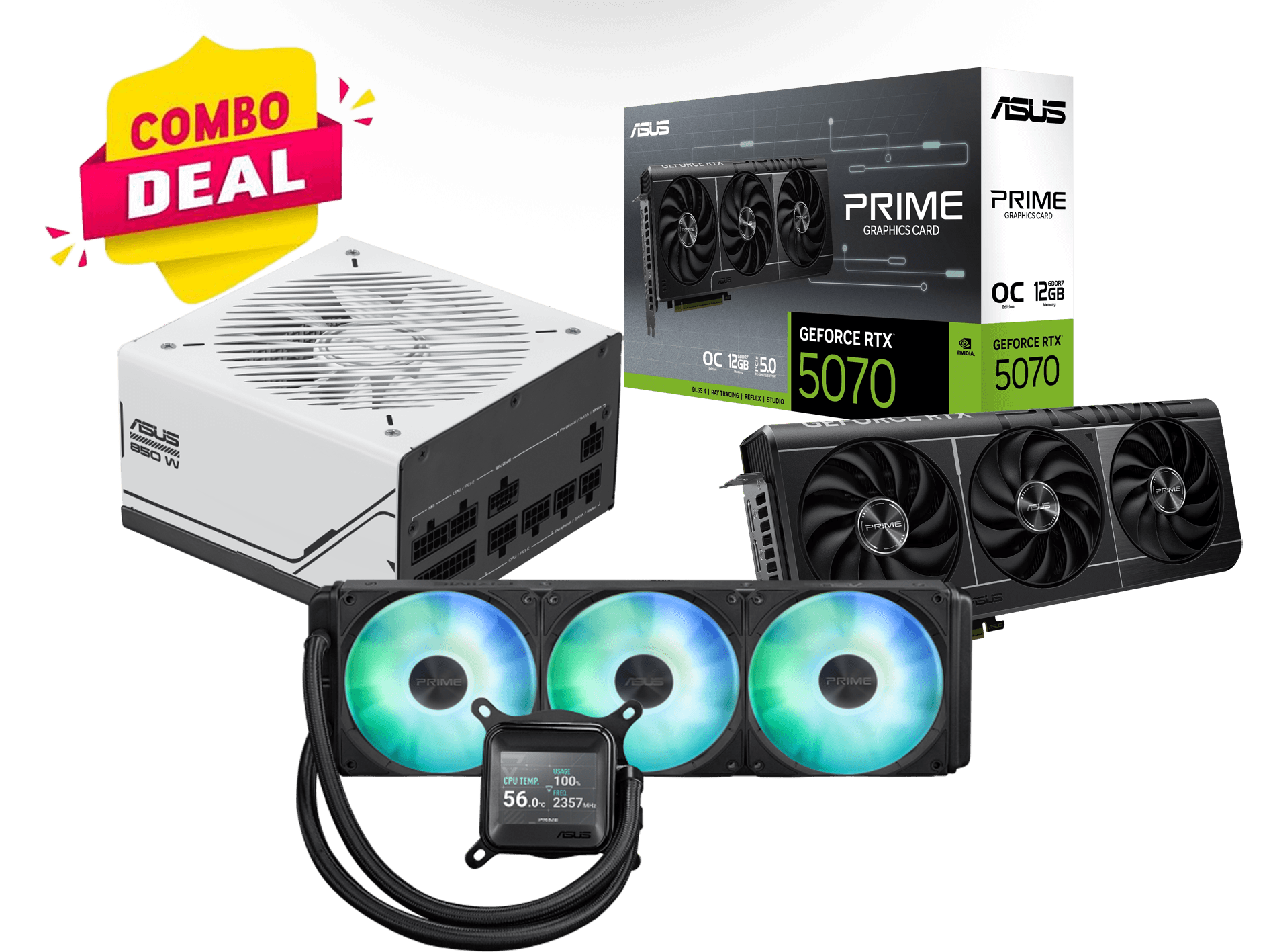 Asus ASUS Prime RTX 5070 OC Edition 12GB GDDR7 Graphics Card, Prime LC 360 ARGB LCD CPU Liquid Cooler & Prime 850W ATX 3.1 Gold PSU 3-in-1 PC Hardware Combo Deal - product view 1 of 4