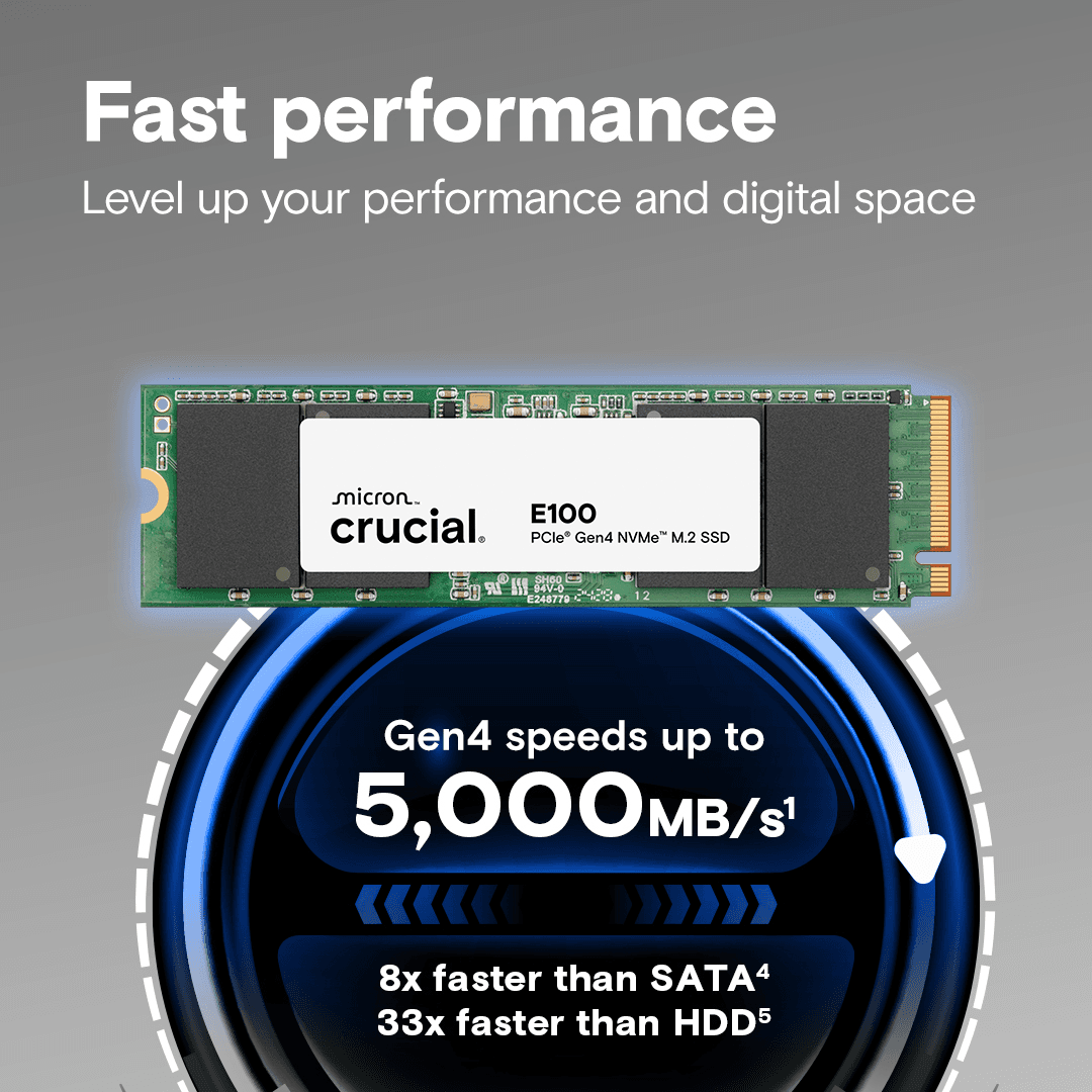 Crucial Crucial E100 2TB PCIe Gen4 NVMe M.2 SSD, Up to 5,000 MB/s, 3D NAND, Internal Solid State Drive | CT2000E100SSD8 - product view 3 of 5