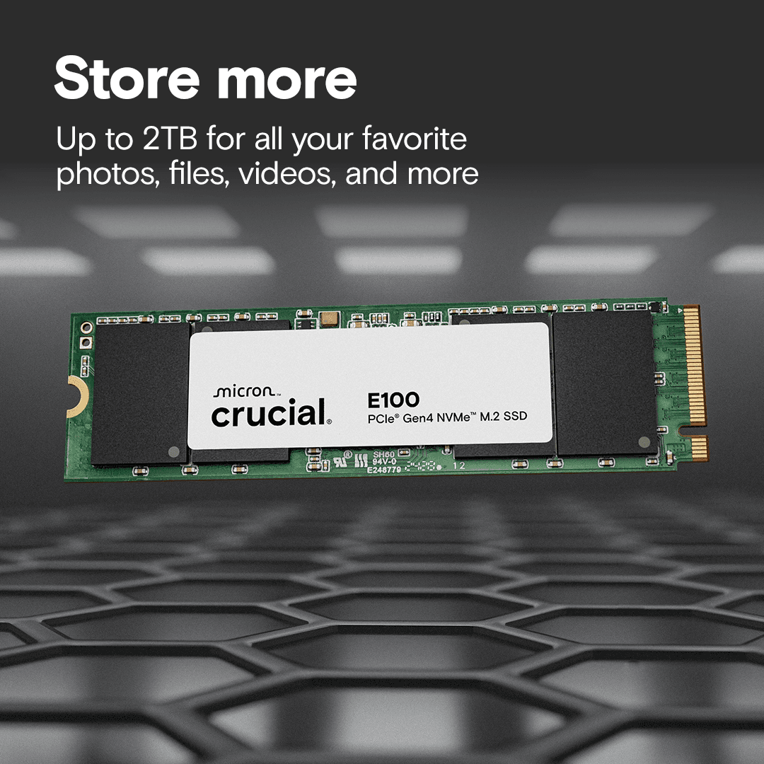 Crucial Crucial E100 2TB PCIe Gen4 NVMe M.2 SSD, Up to 5,000 MB/s, 3D NAND, Internal Solid State Drive | CT2000E100SSD8 - product view 2 of 5
