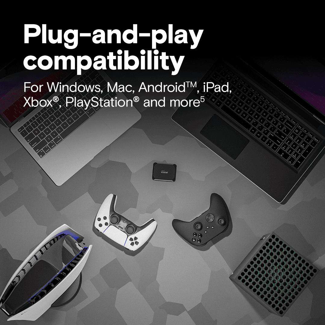 Crucial Crucial X9 2TB Portable SSD, USB 3.2 Gen-2 (10Gb/s) Interface, 1050 MB Sequential Read, PC, Mac, Tablet, Gaming Console, Android  | CT2000X9SSD9 - product view 2 of 4