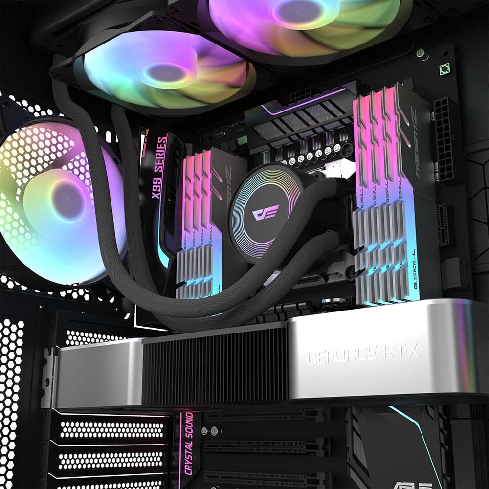 Darkflash Darkflash AURA DA360 Liquid CPU Cooler, 120mm PWD Fans, 900~1800RPM Fan Speed, 2500 RPM Pump Speed, HQ Water Pump, Wide Copper Bottom, Hydraulic Bearing, Black - product view 3 of 7