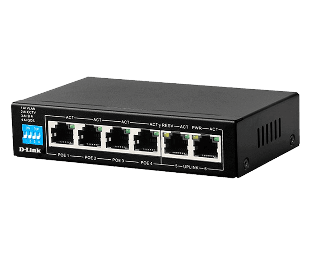 D-Link DES-F1006P-E 6-Port Fast Ethernet PoE+ Switch, 250m Long Range, 4 PoE Ports, 60W Budget, Surveillance Optimized – Buy Online