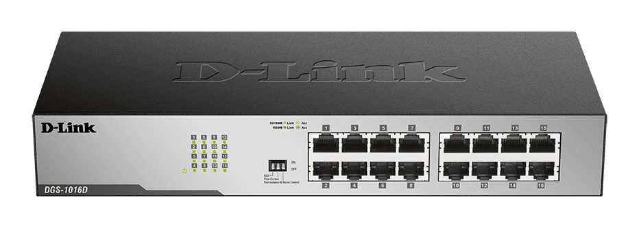 D-Link DGS-1016D 16-Port Gigabit Unmanaged Desktop Switch | Energy-Efficient Ethernet (EEE), 802.3x Flow Control, Jumbo Frame Support, Port Isolation, and Storm Control | Surge/Lightning Protection, RoHS Compliant, 32 Gbps Switching Capacity, 23.81 Mpps