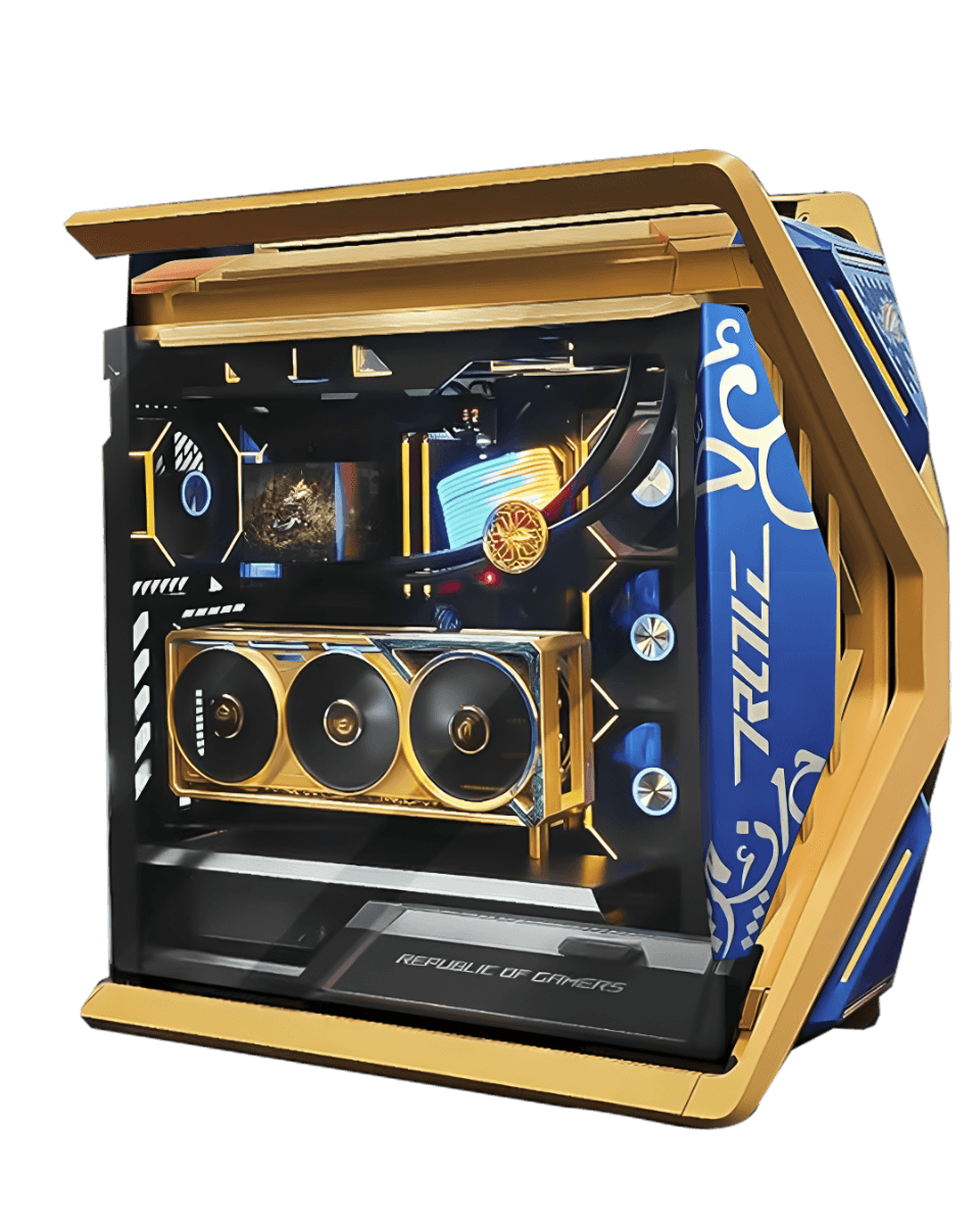 ROG DHAHAB Edition Gaming PC Powered By ASUS, AMD Ryzen 9 9950X3D, RTX 5090 32GB, 96GB (2??48GB) DDR5,  4TB Gen 5 Up to 14800MB/s, ROG RYUO IV SLC 360, 1600W Titanium III ATX 3.1