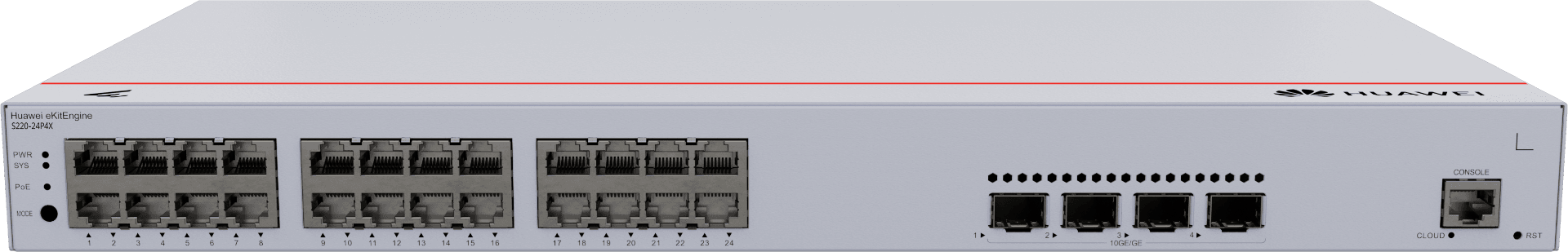 Huawei S220-24P4X Switches, 24 x 10/100/1000BASE-T Ports, 4 x 10GE SFP+ Ports, 400W PoE+, Built In AC Power, 95Mpps Packet Forwarding Rate, 128Gbit/s Switching Capacity | 98012376 - product view 1 of 4