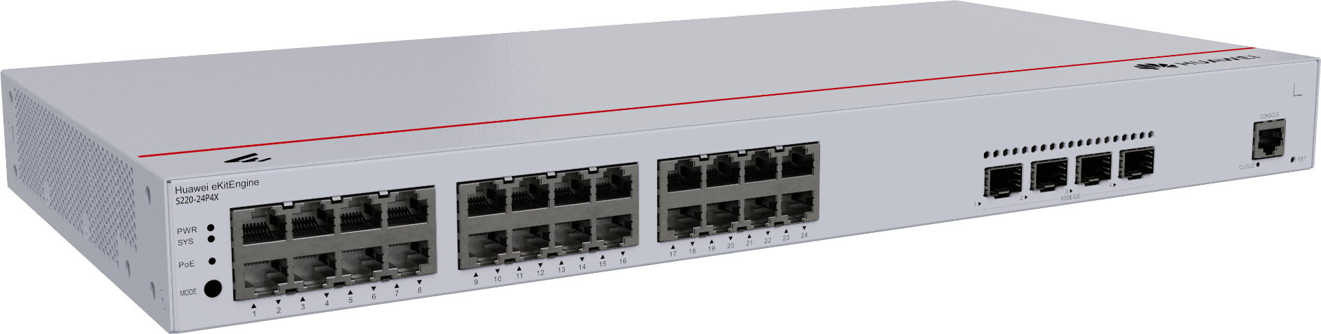 Huawei S220-24P4X Switches, 24 x 10/100/1000BASE-T Ports, 4 x 10GE SFP+ Ports, 400W PoE+, Built In AC Power, 95Mpps Packet Forwarding Rate, 128Gbit/s Switching Capacity | 98012376 - product view 3 of 4