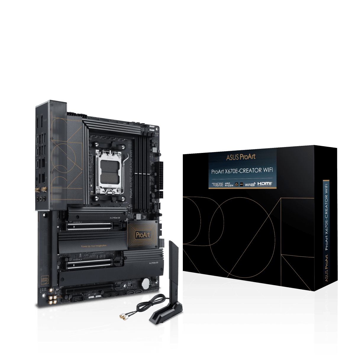 ASUS ProArt X670E-Creator WIFI ATX Motherboard, AMD X670 Chipset, AM5 Socket, 4x2-Channel DDR5 192GB Max, 4xM.2 Slot,10Gb Ethernet, 2xPCIe 5.0x16, Wi-Fi 6E, BT 5.2, 2xUSB4, 1xHDMI/DP | 90MB1B90-M0EAY0 – Buy Online