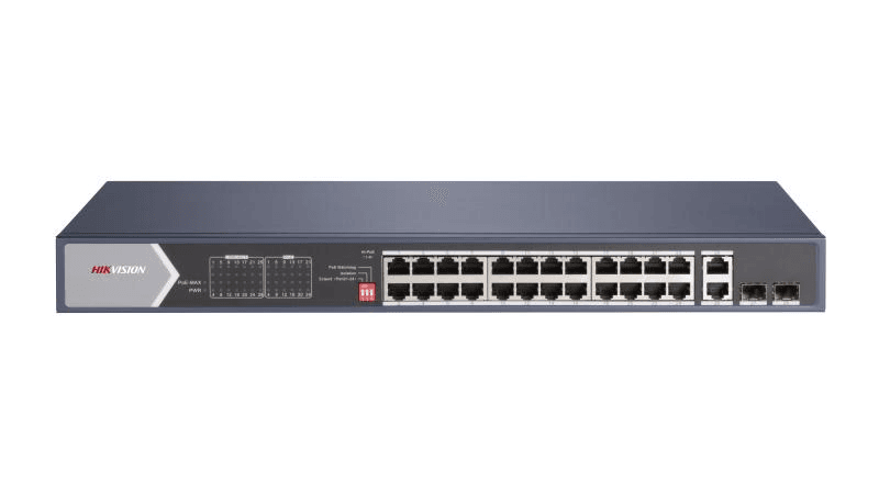 Hikvision DS-3E0528HP-E 24 Port Gigabit Unmanaged PoE Switch, 20x gigabit PoE port, 4x gigabit Hi-PoE port, 2x gigabit RJ45 port, and 2x gigabit fiber optical port, Up to 300m long-range transmission. – Buy Online