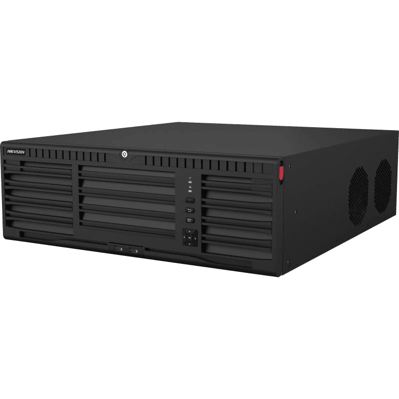 Hikvision DS-9664NI-M16 64-ch 3U 4K NVR, Up to 64-ch IP camera inputs, 2 self-adaptive 10/100/1000 Mbps Ethernet interfaces, 2x HDMI, 2x VGA, 16x SATA, 1x eSATA, H.265+, Supports special cameras, 8K or dual 4K video outputs,