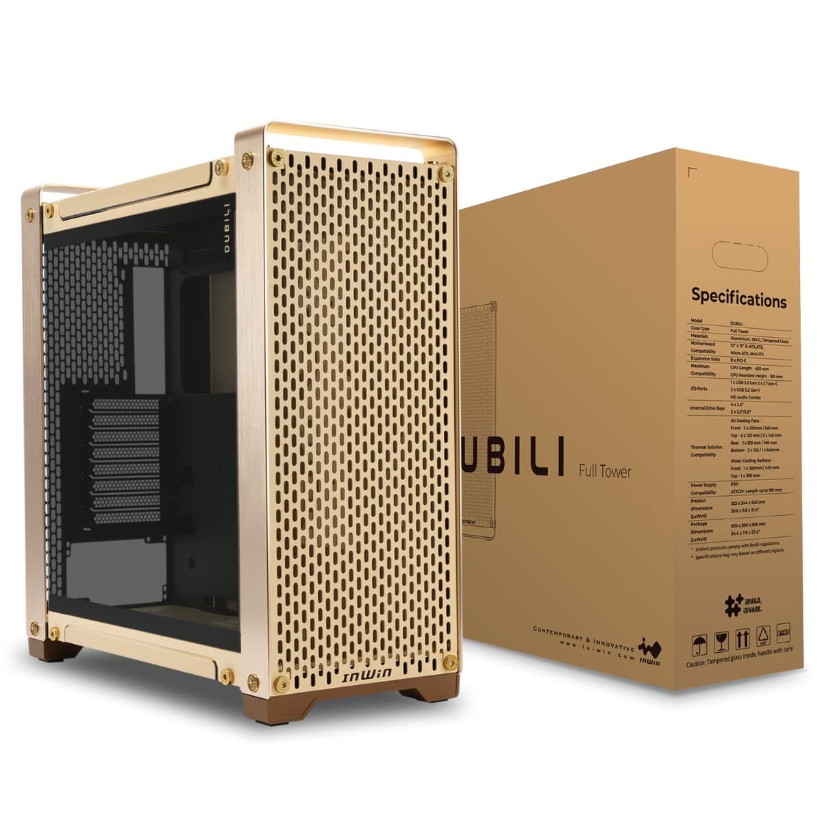 Other InWin Dubili E-ATX Full Tower Computer Case, 4x Pre-Installed Jupiter AJ140 Fans, Aluminum, TG, SECC Materials, Up to 430mm GPU & 420mm Radiator Support, Champagne Gold | IW-CS-DUBILIASB-GLD - product view 3 of 10