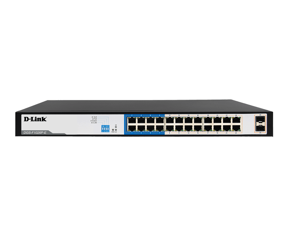 D-Link DGS-F1026P-E 24GE PoE + 2 SFP Ports 250m PoE Switch, 24 10/100/1000 Mbps Gigabit Ethernet Ports