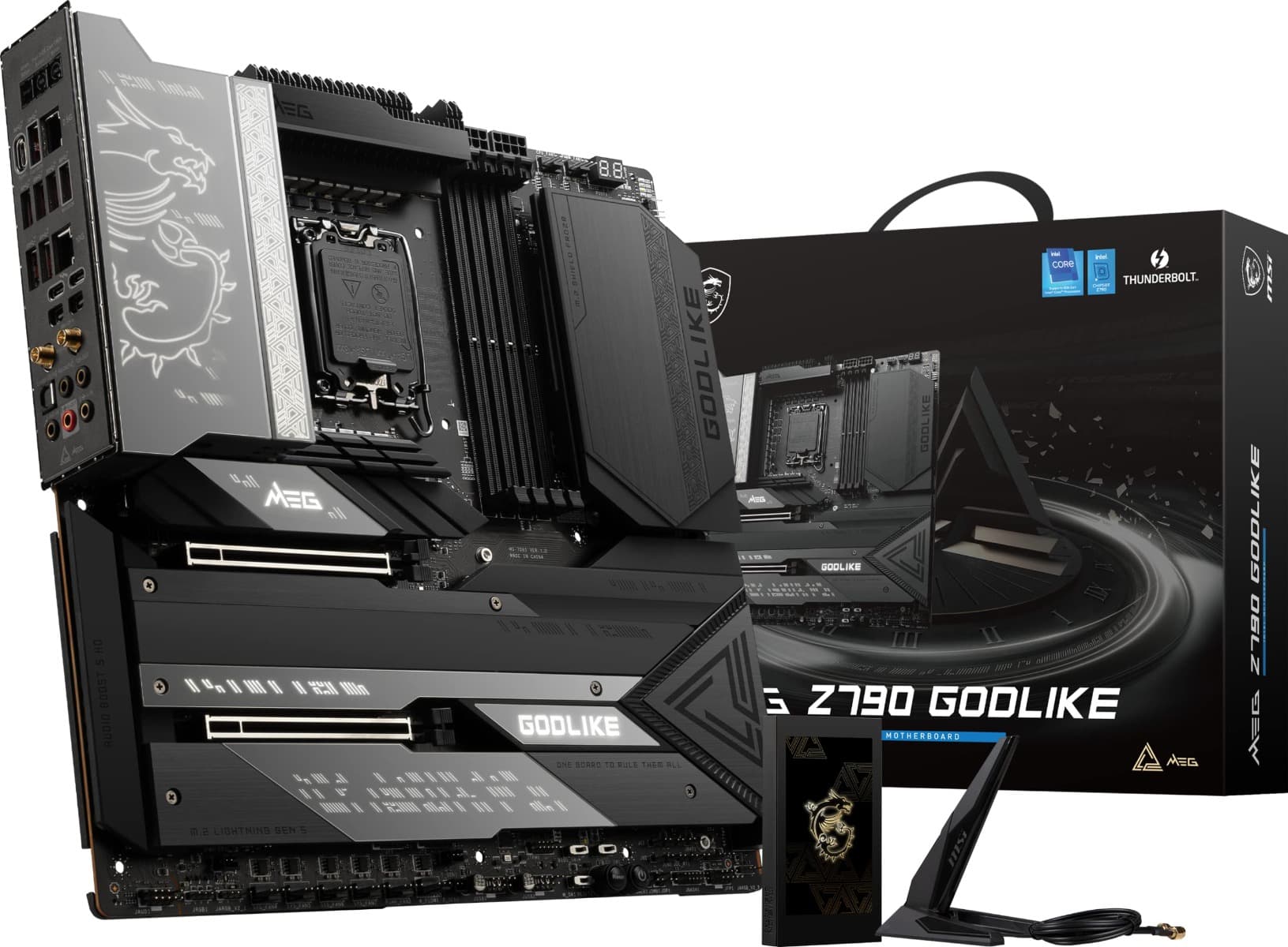 MSI MSI MEG Z790 GODLIKE LGA 1700 EATX Motherboard, 4x DDR5 Slot & Up to 192GB Max Memory, Bluetooth 5.3/ Wi-Fi 6E / 10Gbps LAN, 7x M.2, 2x PCIE x16, USB 3.2 Type-C / A, Thunderbolt 4, Black | 911-7D85-00 - product view 2 of 6