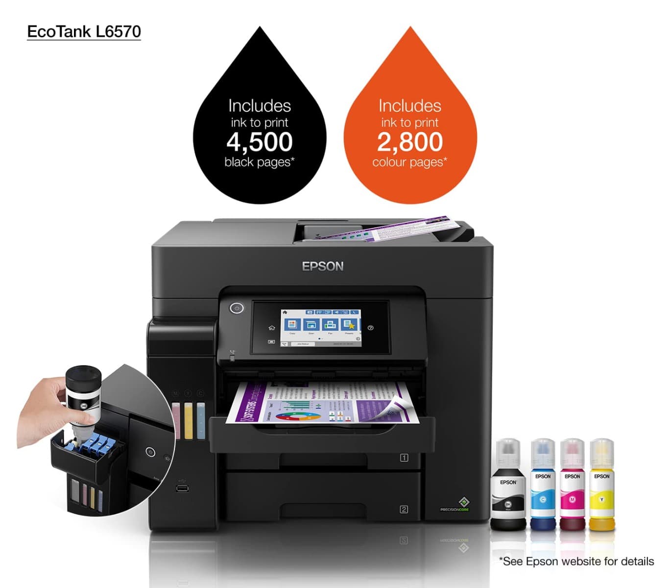 Epson Ecotank L6570 Office Ink Tank Printer A4 Colour 4 In 1 With Adf, Wi Fi And Smart Panel Connectivity Lcd Screen, Black, Compact - product view 2 of 3