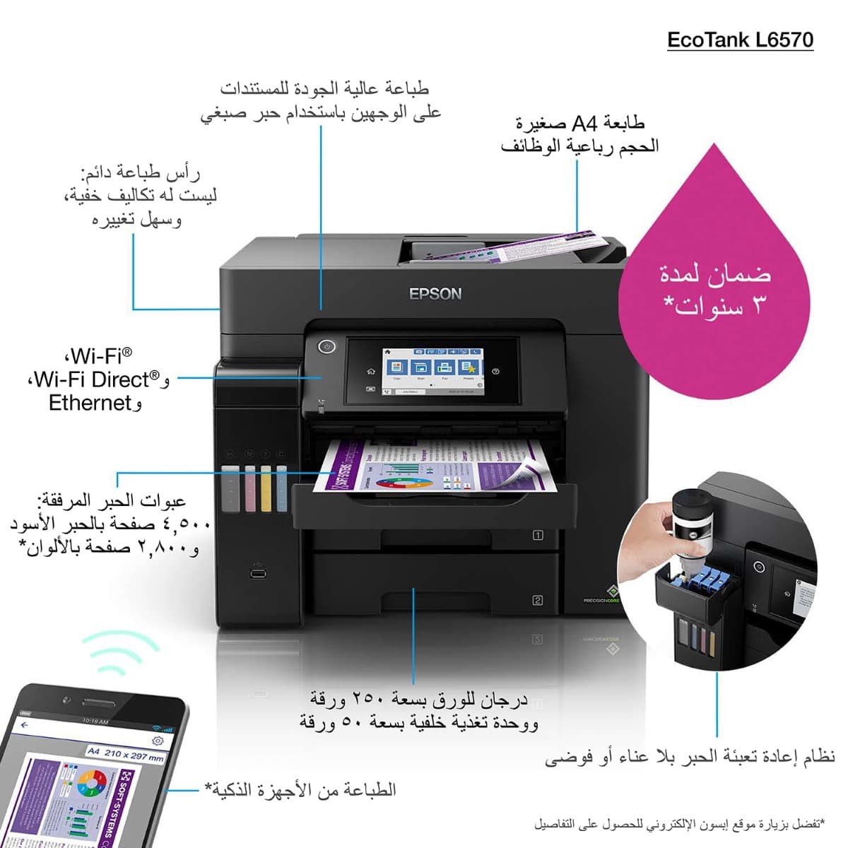 Epson Ecotank L6570 Office Ink Tank Printer A4 Colour 4 In 1 With Adf, Wi Fi And Smart Panel Connectivity Lcd Screen, Black, Compact - product view 3 of 3