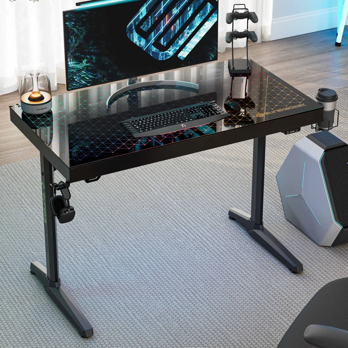 Eureka Ergonomic Eureka Ergonomic GTG-I43, 43x23 Glass Desktop Gaming Desk, Full Surface Spectrum Music Reactive RGB Lights, App Control, Ergonomic, Built-In USB Outlet, Sleep Mode, Smart Control | ERK-GTG-I43 - product view 1 of 4