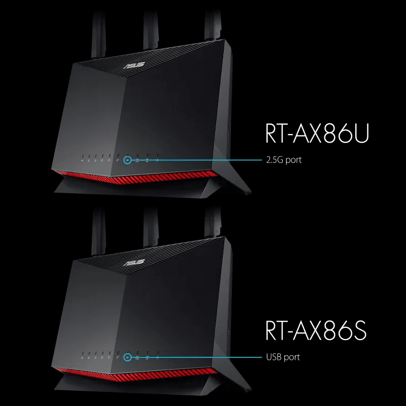 Asus Asus RT-AX86U AX5700 Dual Band WiFi 6 Gaming Router, WiFi 6 802.11ax, 1.8 GHz Quad-Core, 1GB RAM, 2500 sq ft, NVIDIA GeForce, 2.5G Port, Gaming Port, Adaptive QoS - Black I 90IG05F1-MU2G10 - product view 1 of 7