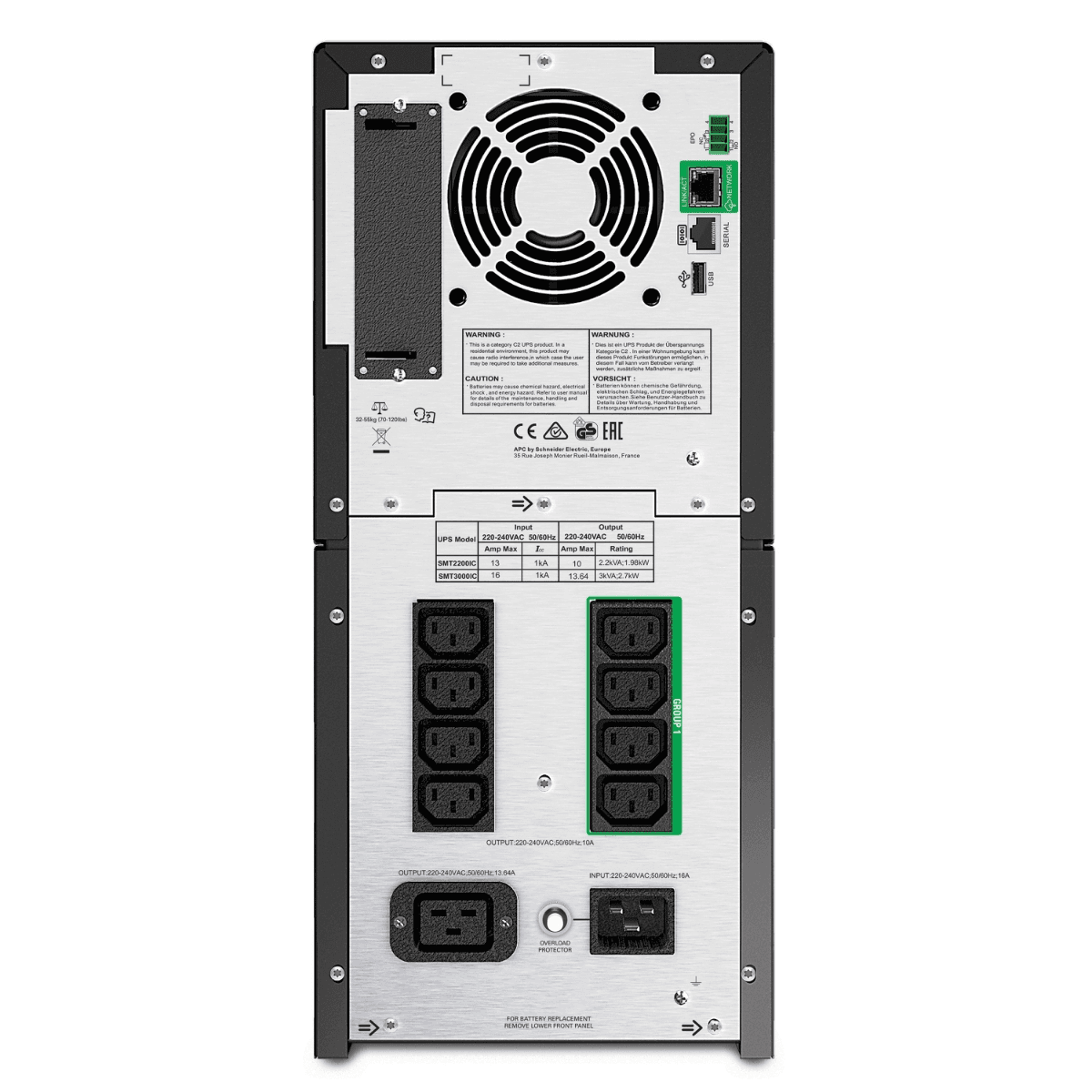 APC APC SMT2200IC Smart-UPS, Line Interactive, 2200VA, Tower, 230V, 8x IEC C13+2x IEC C19 outlets, SmartConnect Port+SmartSlot, AVR, LCD - product view 2 of 3