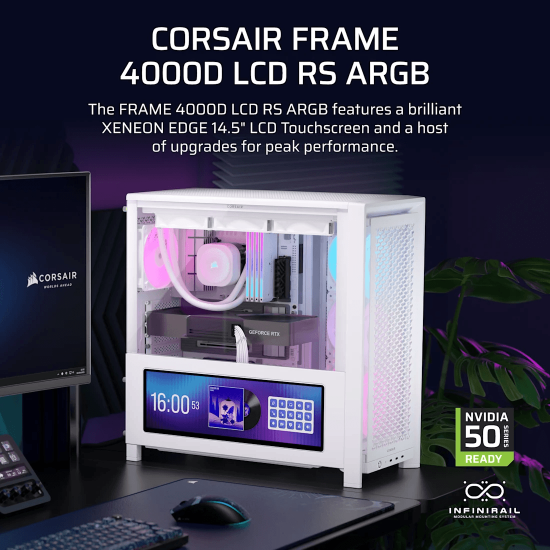 Corsair CORSAIR FRAME 4000D LCD RS ARGB White Mid-Tower Case, 14.5" Touchscreen, Reverse-Connector Support, 4x ARGB Fans, White |  CC-9011327-WW - product view 2 of 8