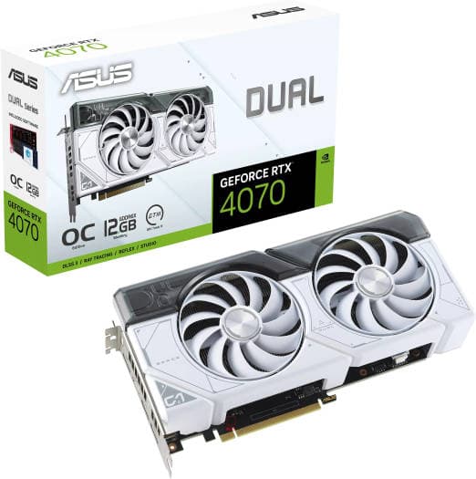 Asus  ASUS Dual GeForce RTX 4070 OC Edition Graphics Card, 12GB GDDR6X 192-bit Memory, 2520 MHz Engine Clock, 5888 CUDA Cores, 21 Gbps Memory Speed, PCI Express 4.0, 1x HDMI / 3xDP, 2 Year Warranty | 90YV0IZ4-M0NA00 - product view 1 of 5