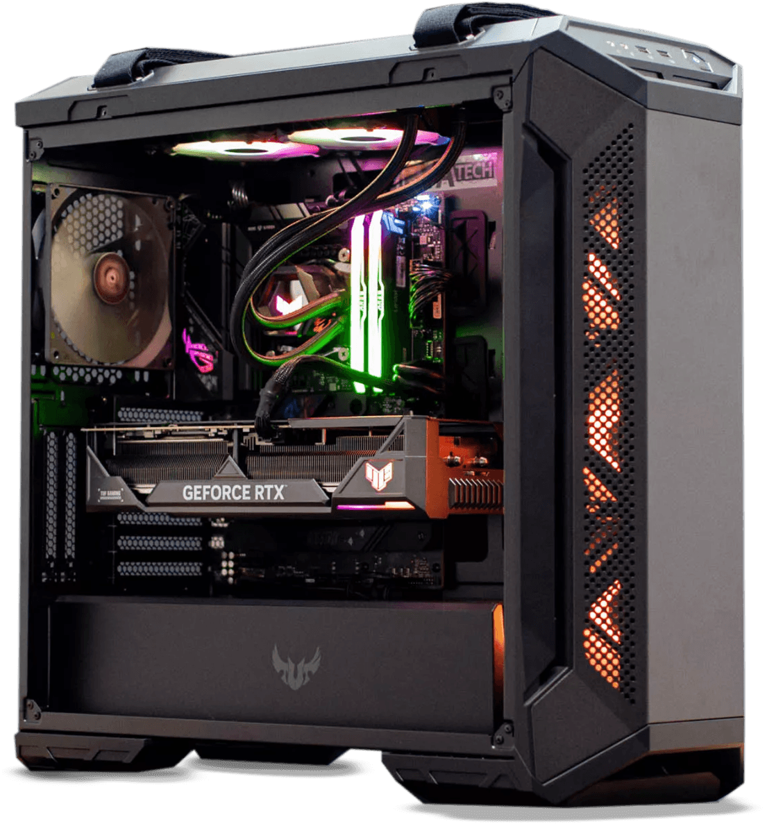 GT501 APEC Rendering PC, CORE I7-14700K, NVIDIA ROG STRIX 4070TI SUPER, 128GB RAM (4x32) DDR5 RAM, 2TB SSD 990 PRO, 3 Fan TUF Cooler, 850W, Powered By ASUS image