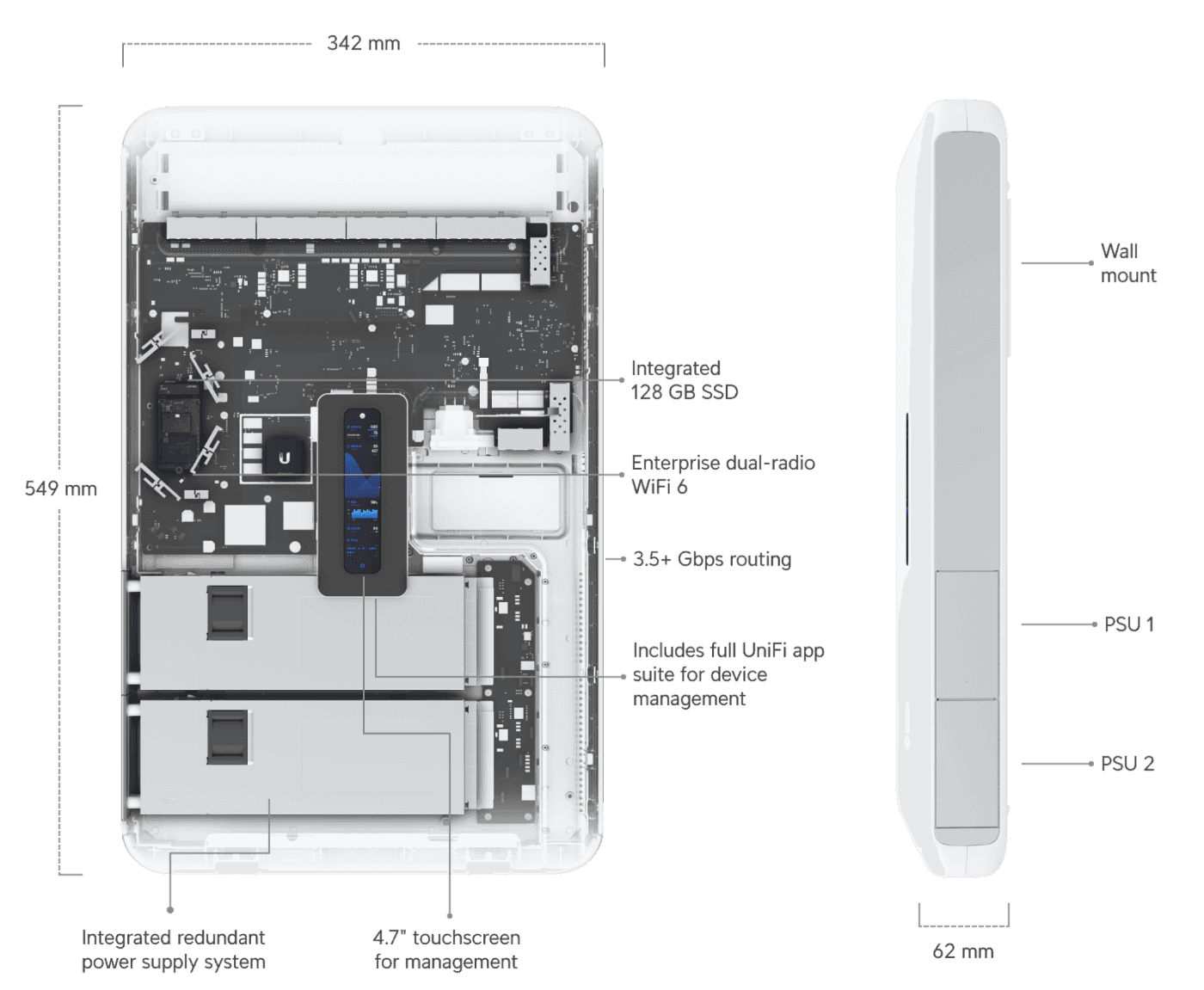 Ubiquiti Ubiquiti Networks Dream Wall UniFi Cloud Gateway, 4.7" Touchscreen, ARM Cortex-A57, 4GB RAM, 16GB Storage, Up to 2.7 Gb/s Throughput, WiFi6, Dual-Band, Wall Mount, 300+ Clients, White | UDW - product view 2 of 11