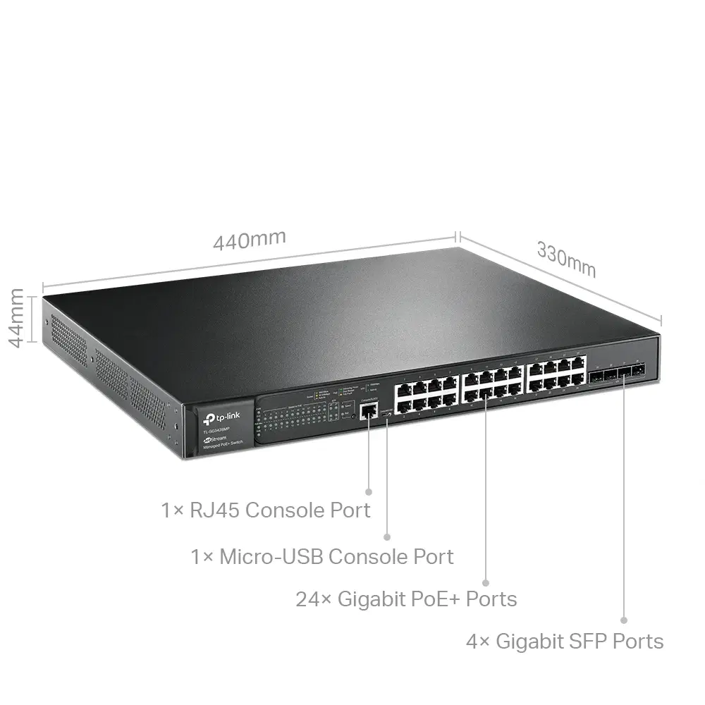 tp-link TP-Link JetStream TL-SG3428MP 28-Port Gigabit L2+ Managed Switch, 24-Port PoE+ (384W), Omada SDN | TL-SG3428MP - product view 3 of 4