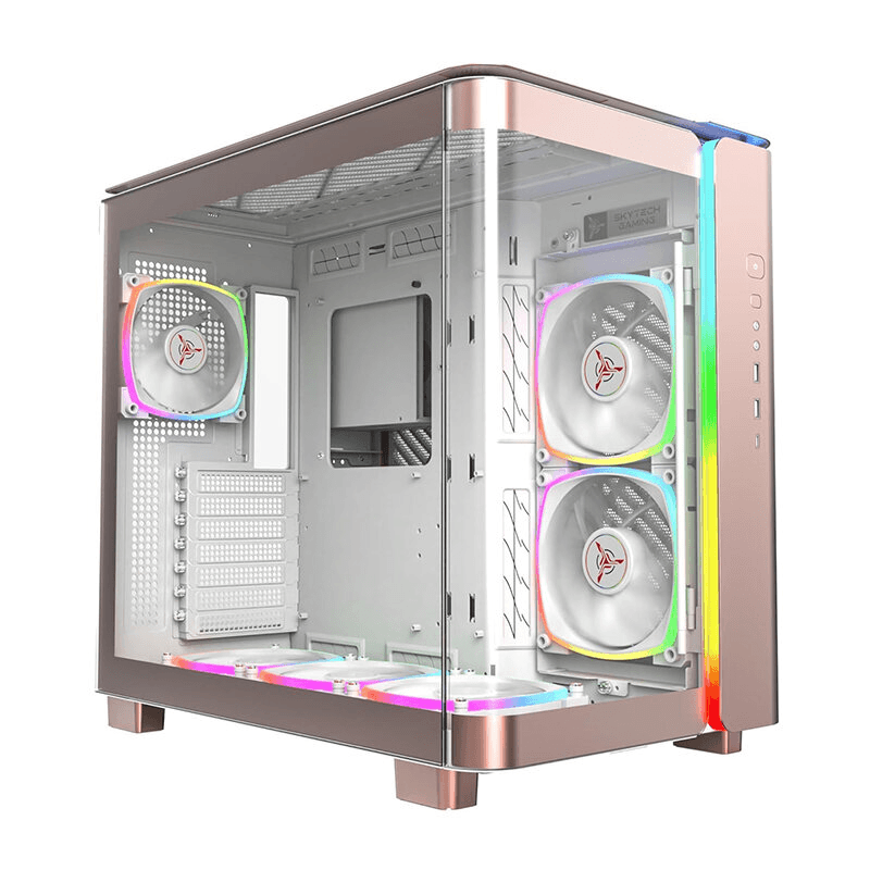 MONTECH King 95 PRO Dual-Chamber ATX Mid-Tower PC Gaming Case, High-Airflow, Sturdy Curved Tempered Glass Front, Six ARGB PWM Fan Pre-Installed with Fan Hub, Rose Gold, Skytech Gaming Edition – Buy Online