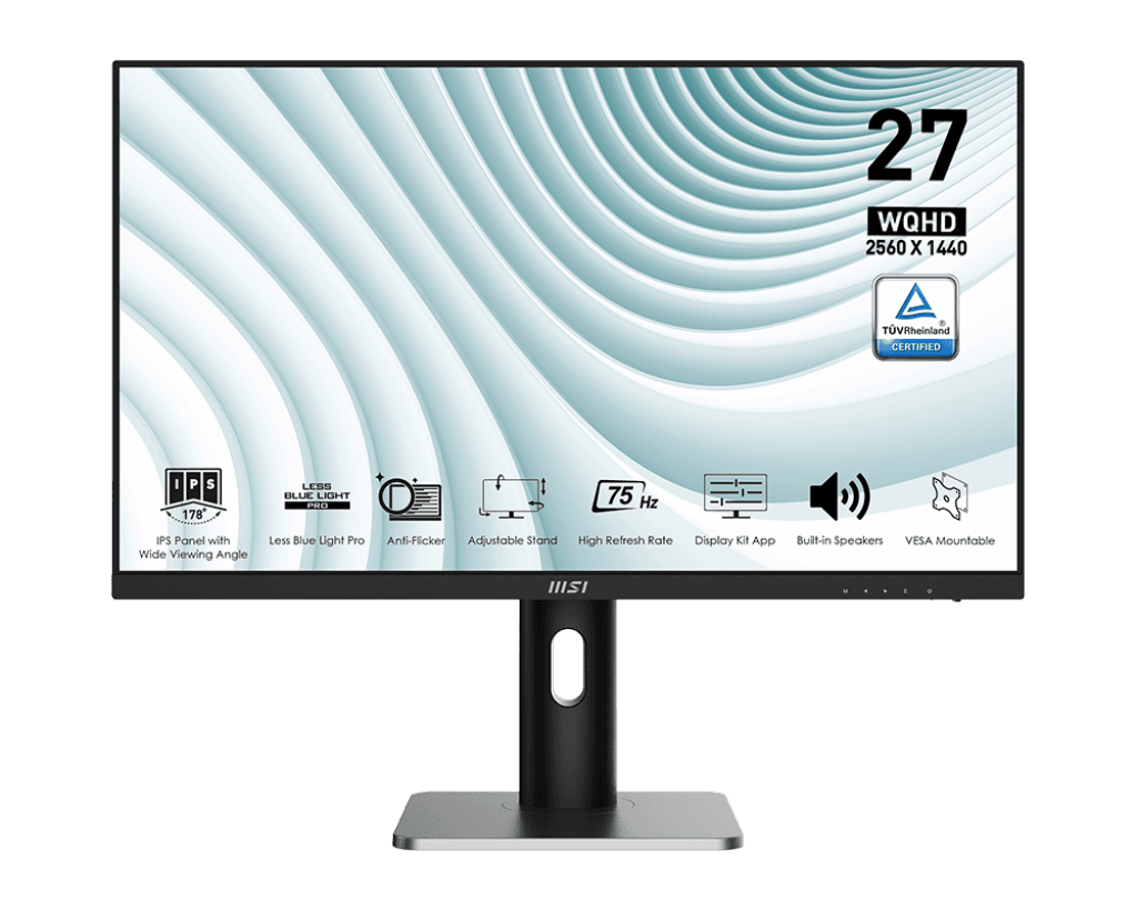 MSI MSI PRO MP273QP Business Productivity Monitor, 2560 x 1440 (WQHD), IPS, 75Hz, 1ms (MPRT) / 4ms (GTG), 2x HDMI (1.4b), 1x DP (1.2a), AMD FreeSync, Anti-glare, PC, Mac, PS5, PS4, Xbox, Mobile, Notebook, 2x Speaker, Ergonomic - product view 1 of 8