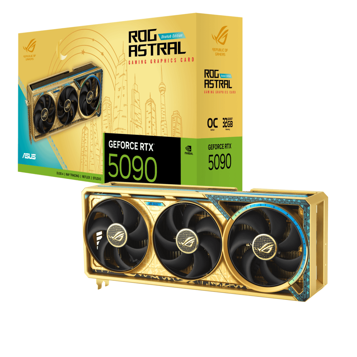 ASUS ROG Astral GeForce RTX 5090 Dhahab OC Edition Graphic card, 32GB GDDR7, 28 Gbps 512-bit, 21760 CUDA Core, 2610 MHz OC Clock, PCI E 5.0, DLSS 4, 6.5g of 999 fineness gold | 90YV0LW6-M0NM00 – Buy Online