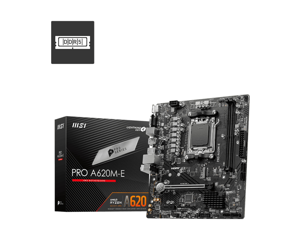 MSI MSI PRO A620M-E AM5 mATX Motherboard, AMD A620 Chipset, 2x DDR5 / 96GB Max Memory, 1x PCI-E x16, 1x M.2, RTL8111H Gigabit LAN, 2x USB 3.2 Type-A, 1x HDMI / 1x VGA | 911-7E28-001 - product view 1 of 5